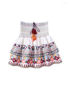 Skirts Ladies 2024 Summer Chic Fashion Contrast Embroidered Skirt Retro Elastic Waist High Ruffle