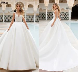 Abiti da sposa moderni in raso bianco con applicazioni di pizzo Cintura con cristalli Boho Abiti da sposa da giardino Puffy Princess Sexy Backless Donna Sposa Abiti da sposa YD