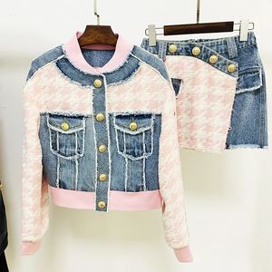 Est tasarımcı takım elbise bayan aslan düğmeleri Houndstooth tüvit denim patchwork püskül saçaklı ceket mini etek 2pcs 240301