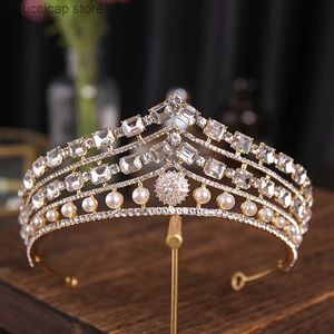 Tiaras Vintage Glod Rhinestone Bridal Tiara Fashion Golden Diadem for Women Diods Dress Wedding Hair Jewelry Crown Akcesoria Y240319