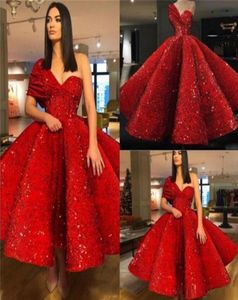 Shiny Red Short Prom Dresses One Shoulder Ruffle Ball Gown Sequnined Beads Arabic Evening Gowns Custom Cooktail Homecoming Dresses1058356