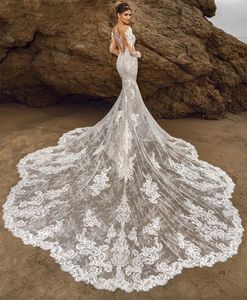 Newest Illusion Wedding Dress Mermaid Lace Deep V-Neck Neck Full Sleeves Chapel Train Plus Size Bride Gown 2024 Vestidos De Novia Mariage