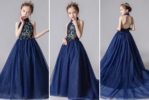 Bellezza Royal Blue Tulle Halter Backless Applique Perline Flower Girl Dress Abiti da spettacolo per ragazze Abiti da festa/compleanno Gonna da ragazza Personalizzata SZ 2-12 D319025