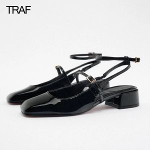 Pumps Traf 2023 Summer Women Pumps Mary Jane Heels Chunky Strappy Black Mary Janes Square Stope Obcasy Lolita Slingback Cute Buty