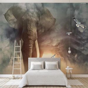 Sfondi Personalizza Creativo dipinto a mano Elefante Uccello Sfondo Pittura murale Personalizzato Grande murale Carta da parati Papel De Parede Para Quarto