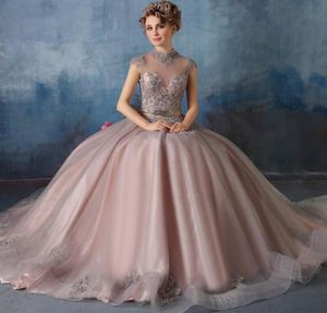 2020 Новые платья Quinceanera с высокой горловиной и кружевными аппликациями с бальным платьем из хрусталя и бисера Sweet 16 Пром платья Vestidos De Quinceanera6730761