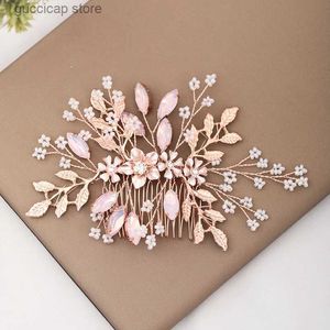 Tiaras Rose Gold Wedding Hair Accessories Ladies Hair Comb Rhinestone Flower Headdress Bride Hairpin Handmade Prom Tiara Accessories Y240319