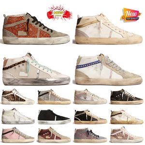 Toppkvalitet kvinnor herr midstjärn designer skor mode vintage casual platt tränare läder guld silver glitter leopard ponny handgjorda Italien varumärke plattform sneakers