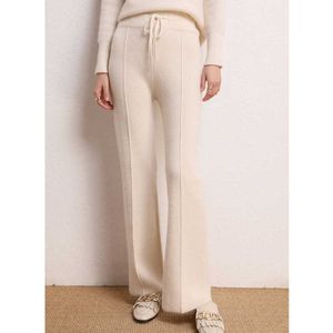 Anpassade OEM/ODM Vinterkvinnor Solid Color Stretch Cashmere bredbensbyxor och fotledslängd Wool Drawstring Pants