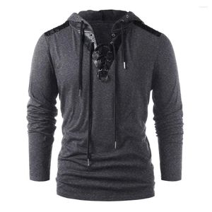 Men's Casual Shirts Vintage Men Top Spring Autumn Drawstring Leather Patchwork Long Sleeve Hooded Tops Blouses Streetwear