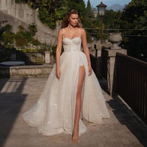 Sparking a linha vestido de casamento para mulher cinta de espaguete com trem destacável vestido de noiva lado split glitter robe de mariee