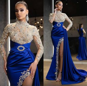 Royal Blue High Neck Evening Dresses Luxury Beaded Crystals Illusion Bodice Long Sleeves Split Formal Party Occasion Prom Gowns Arbaic Dubai Dress