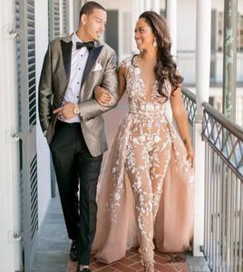 New Stylish Lace Jumpsuit Wedding Dresses With Overskirt Sheer Deep V Neck Cap Sleeves Vestido De Novia Fashion See Through Bridal4634853