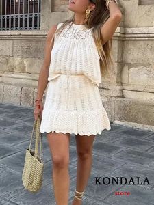 KONDALA Vintage Beige Hollow Out Knit Women Suit Fashion Summer Holiday Set Loose Tank Elegant Top Mini Lace A Line Skirt 240313