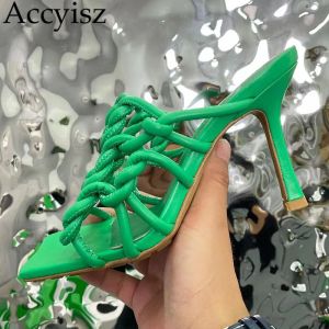 Pumpar Nytt Spring Square Head Slim Fit High Heels Weave Pump Shoes Hollow Out Solid Color Leisure Slippers Sexiga festklänningskor 2023