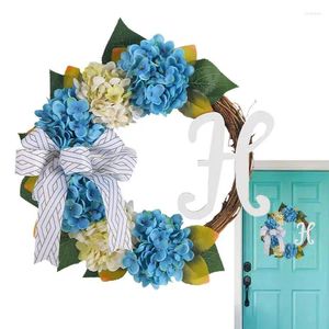 Fiori decorativi Ghirlande primaverili per la porta d'ingresso Corona di ortensie blu e bianche Ingresso Benvenuto artificiale realistico con fiocco