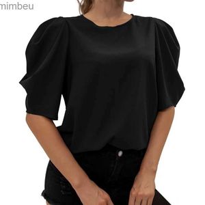 Women's T-Shirt Summer Round Neck Fashion Women T-Shirt Puff Sleeve Solid Color Chiffon TopC24319