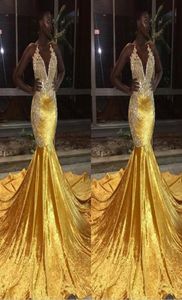 New Gold Mermaid Prom Dresses for Black Girls Sheer Crew Neck Appliques Long Fishtail Evening Gowns Cheap Formal vestidos festa4034310