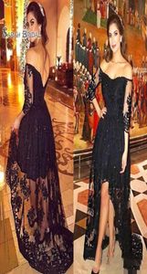 Classic Black Prom Dresses Off Shoulder Lace Appliques Long Sleeves Beads High Low Evening Party Gowns6670481