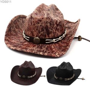 Wide Brim Hats Bucket New Faux Leather Western Cowboy For Men Vintage Cowgirl Fashion Knight Hat Retro Gentleman Jazz Grassland Curved 240319