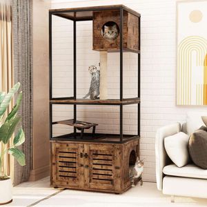 Lamerge Tree All-in-1 Large Litter Box Enclosure, Condo with Scratching Posts and Cat Feeding Bowl, Rustic Brown