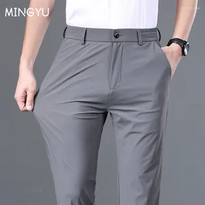 Мужские брюки, летние хорошие эластичные гладкие брюки, мужские деловые брюки с эластичной резинкой на талии, корейские классические тонкие черные, серые, синие брендовые повседневные костюмы для мужчин
