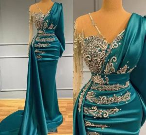 Luxury Long Sleeve Prom Evening Dresses Formal Occasion Wear Gold Appliques Beads Hunter Sheer Neck Arabic Robe de soriee 2024 BC10417