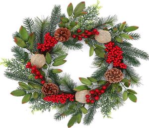 18IN Christmas Wreath Window Door Decoration Advent Garland Red Berries Evergreen Leaves Burlap Ball Christmas Wreath Good H10205394905