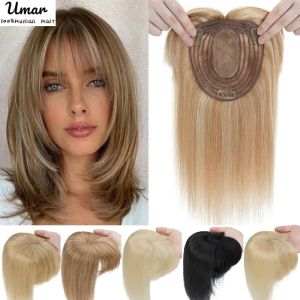 Toppers İnsan Saç Topper Kadınlar İçin Topper Saç parçalarında Bangs ile Toppers% 100 İnsan saç perukları doğal düz saç sarışın ipek taban