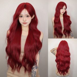Wigs Long Body Wave Wig with Bangs Burgundy Wine Red Colorful Party Wig for Women Natural Daily Cosplay Synthetic Hair Heat Resistant
