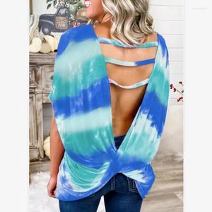 T-shirt da donna T-shirt moda estiva da donna Pullover Top girocollo manica corta Backless Tie Dye stampato Casual Loose Basic Tops Street