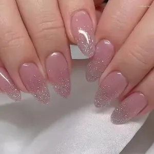 Falska naglar förpackningsbox glitter kort mandel set rosa ellips falsk press på diy manikyr avtagbart fullt täcktips