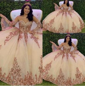 2022 Sexy Rose Gold Sequined Lace Quinceanera Dresses Ball Gown Off Shoulder Crystal Beads Long Sleeves Sequins Puffy Party Dress 8885562