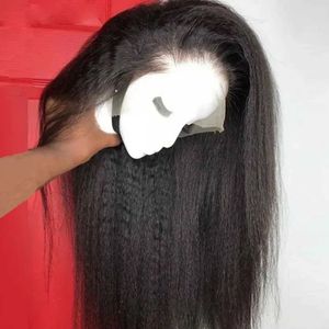 合成ウィッグは、Glueless Kinky Straight 13x4 Lace Front Wigs Synthetic Redwish Brown /Black Yakiストレートヘア耐火性繊維キンキーAfro 240329