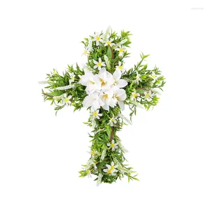 Decorative Flowers 2024 Easter Cross Wreath Hanging Artificial Lilies Spring Garland For Front Door Home Window Wall Decoration