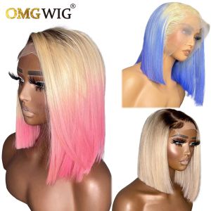 Perücken 13x6 Spitzen vordere Perücke blonde rosa blau kurzgeschnitten Knochen gerade brasilianisches menschliches Haar Bob Perücken für Frauen 4x4 Schließung Perücke 150%Dichte