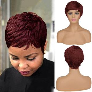 Peruker suq syntetiska kort pixie klippta hår peruker afroamerikansk burgund peruk värmebeständigt hår för svarta kvinnor kvinnliga frisyrer