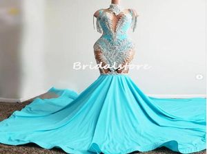 Aso ebi afrykańska syrena sukienki na balu 2022 Niebieskie aplikacje plus size czarne dziewczęta sukienka wieczorowa Tassel Długa formalna suknia imprezowa kobiety v3934663