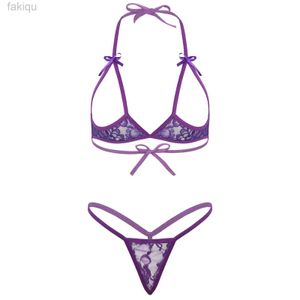 Sexig uppsättning kvinnor Hallow ut sexiga underkläder set halter hals öppen bröstkorg mässing med t-back thong seing-through exotic outfits för nattklubb 24319