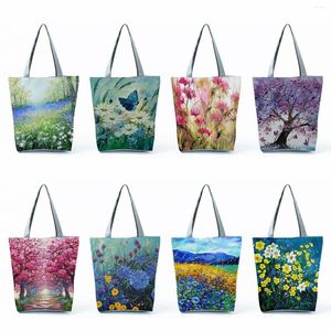 Totes Art Plant Design Eco Reusable Women Oil Painting Floral Print Handbags Shopping Bags Travel Beach Bag High Capacity Casual