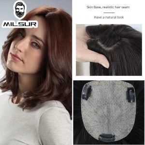 トッパー女性ヘアトゥーピーシルクベースストレートヒューマンヘアトッパー3クリップバージンヒューマンヘアピース茶色