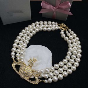 Top quality Planet Diamond Pendant Necklaces Fashion Brand Designer Letter Chokers Women Jewelry Metal Pearl Necklace Westwood for Woman Chain Motion