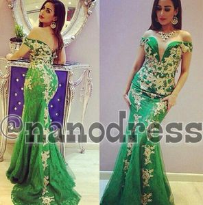 2016 Green Mermaid Celebrity Dresses Off Shoulder V Neck Lace Appliqued Evening Gowns2064232