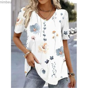 Damen T-Shirt Mode Frau Blusen 2024 T-Shirt Damen 3D-Blumendruck Weiß Kaii V-Ausschnitt T-Shirt Damenbekleidung Übergroße Sommeroberteile TeeC24319