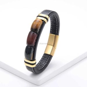 Bangle NewMoon Shape 100% Natural Stone Tiger Eye Vintage Jewelry With Hanging Ornament Wide Leather Cord Bracelet 316L Stainless Steel Bracelet Unisex 240319