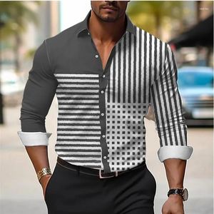 Herrklänningskjortor social formell skjorta fast färg pläd rand knäppa ner casual långärmad streetwear 6xl