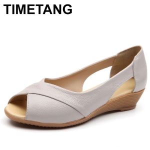 Sandaler Timetang Summer Women Shoes Woman Fashion äkta läder Öppen tå Sandaler damer Casual Platform Wedges Plus Size Sandaler C213