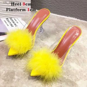 Dress Shoes Dress Shoes Slippers Voesnees Sandals Summer Woman Pumps PVC Transparent Feather Perspex Crystal High Heels Fur Peep Toe Mules Ladies WF9B H240321