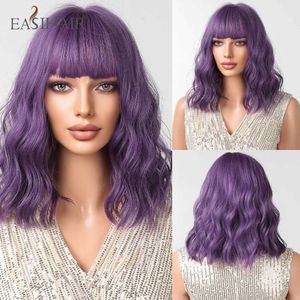 Synthetic Wigs Cosplay Wigs EASIHAIR Short Purple Curly Wave Synthetic Wigs with Bangs Cosplay Bob Hairs Wig for Women Daily Party Heat Resistant Fiber Use 240329