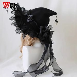 Harajuku Women's Girls Gothic Handmade Bowknot Fleece Lace Children AdultsHalloween Witch Hat Lolita princess Ladies sun hat 240319